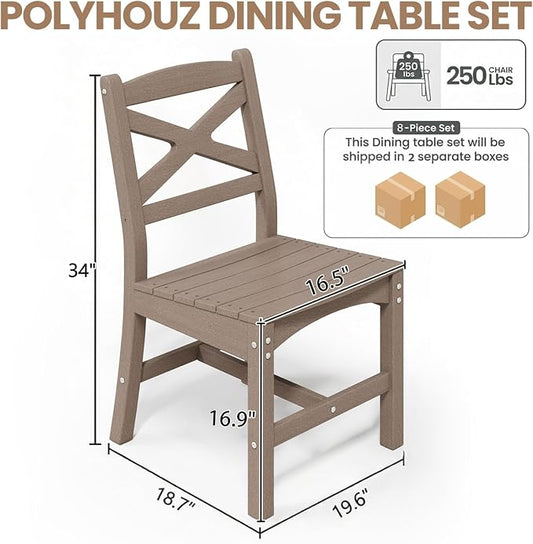 Outdoor Armless Dining Chairs Set of 8,HDPE Patio Chairs with Wide Seat,All-Weather HDPE Patio Armless Chairs for Porch, Backyard, Deck, White Brown, Table not Included