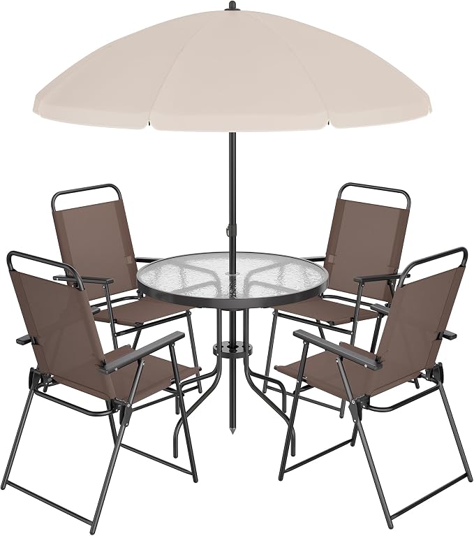 Shintenchi 6 Piece Patio Dining Set with Umbrella, Outdoor Furniture Set with 4 Folding Chairs and Tempered Glass Top Dining Table fot Lawn Backyard Garden Porch Brown and Beige