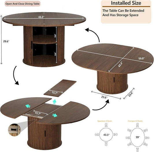 Dining Table for 4-6,59“Extendable Round Dining Room Kitchen Table with Storage,Round Table for Living Room,Fluted Wood Table with Slide Door,Expandable Oval Dinner Furniture with Pedestal Base,Walnut
