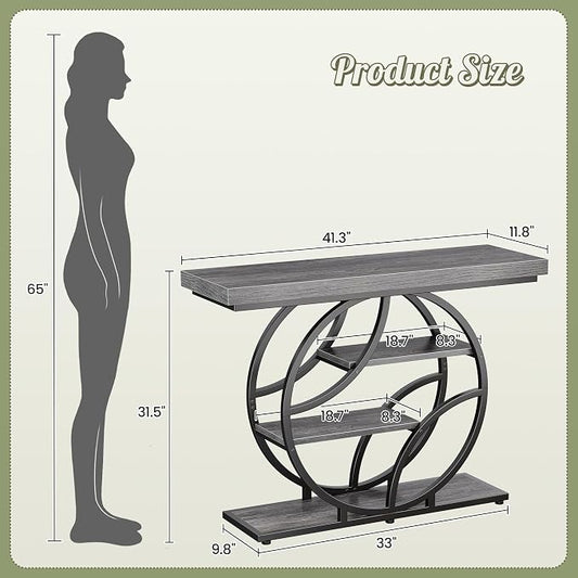 Huuger 41.3 Inch Entryway Table, Modern Console Sofa Table, Accent Table with Shelves, for Entry, Hallway, Entrance, Foyer, O-Shaped Metal Frame, Light Grey