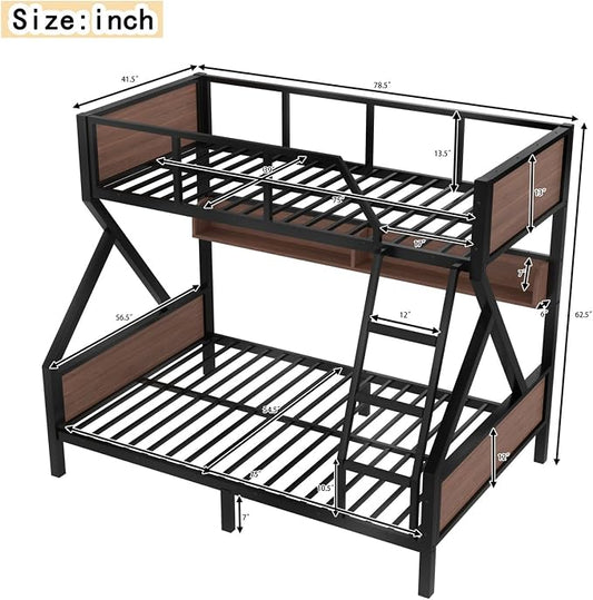KEIKI Twin Over Full Bunk Bed, Heavy Duty Metal Bunkbed with Storage Shelves, Lights, Bottom Space & Guardrail for Aldults Dorm Bedroom Guest Room, No Box Spring Needed, Noise-Free Design