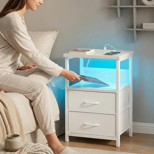 Fixwal White Nightstand for Women Bedroom, LED Night Stand with Charging Station, Bed Side Table with 2 Fabric Storage Drawers
