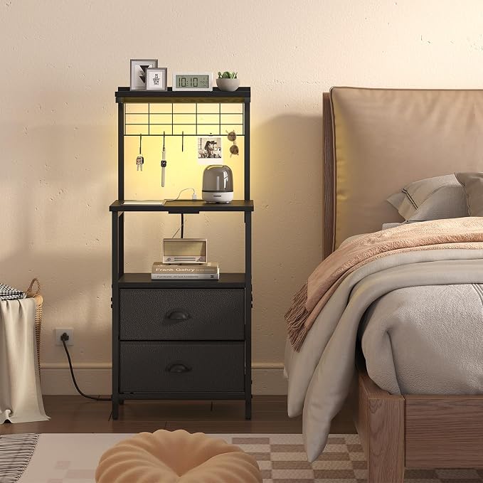 sthmec Bedside Tall Nightstands with Charging Station, LED Bedside Table for Bedroom - 2 PU Fabric Drawers, Hooks, USB/Type-C Ports & Open Bedside Shelves, Black