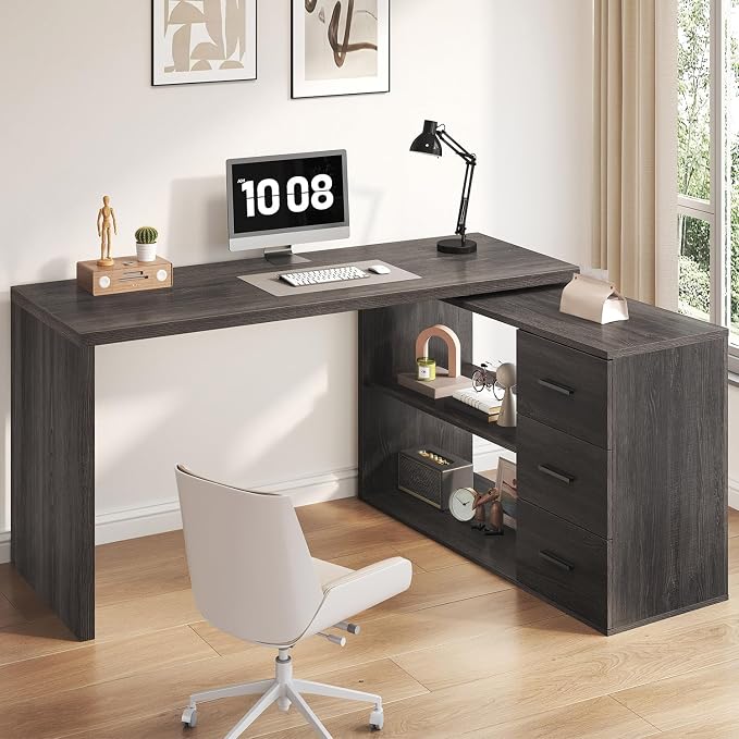 HSH L Shaped Office Desk with Drawers Shelves 55-76 Inch, Corner Computer Desk with Storage 360 Rotating Long for Work, Executive, Study, Writing, Teacher, Bedroom Modern Gaming Table, Dark Grey