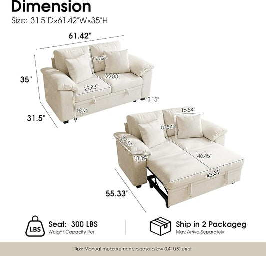 WorthFurni 61” Pull Out Couch, 2 in 1 Sleeper Sofa Bed with Throw Pillow, Convertible Small Loveseat Sleeper Couch for Living Room, Bedroom, Apartment (Beige)