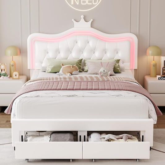 Keyluv Full Upholstered LED Bed Frame with Storage Drawer, Leather Princess Platform Bed with Adjustable Crystal Button Tufted Crown Headboard, Solid Wooden Slats Support, No Box Spring Needed, White
