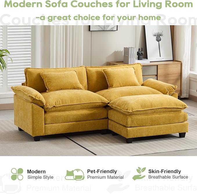 Oprisen 86" Modular Sectional Sofa, Comfy Cloud Couch Sectional Sofa with Ottoman, Chenille Sofa Sleeper Deep Seat Sofa with Throw Pillows for Living Room (Yellow, 86"- L Shape)