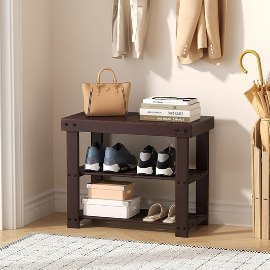 DUMOS Wooden Shoe Rack Bench with Storage, 3-Tier Bamboo Entryway Benches, Shoe Rack Holds Up to 286 lb Storage Organizer, 11.3 x 19.7 x 17.8 Inches, Suitable for Bedroom Living Room Balcony, Brown