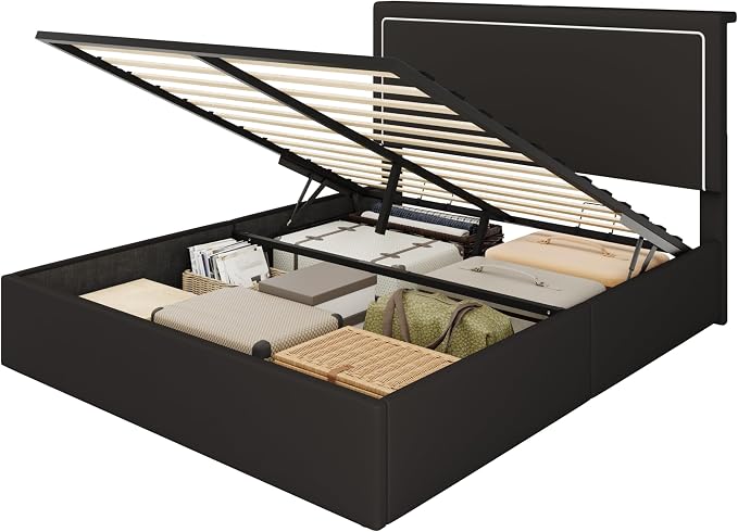 SHA CERLIN Queen Size Hydraulic Lift-Up Storage Platform Bed Frame with Charging Station, RGB LED Lights, Adjustable Velvet Headboard, USB-A and USB-C Ports, No Box Spring Needed, Black