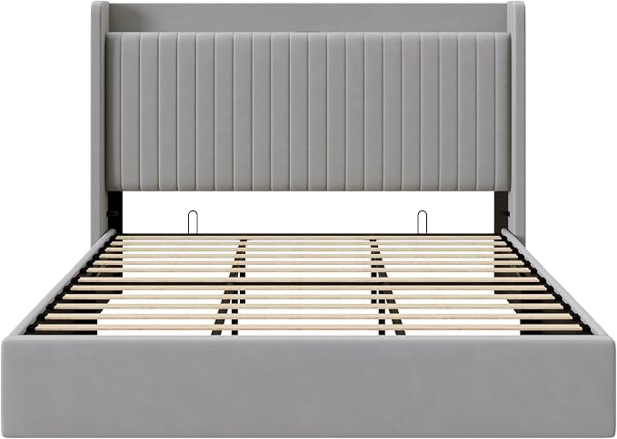 Allewie King Size Lift Up Storage Bed Frame,Storage Shelf Headboard with Charging Station,Type-C and USB Ports,Hydraulic Support,Velvet Upholstered Bed Frame,No Box Spring Needed,Grey