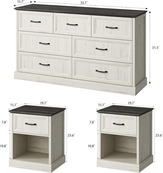 CARPETNAL Farmhouse Dresser and Nightstand Sets for Bedroom, 3 Pcs Bedroom Set, 7 Drawer Dresser & Nightstand Set of 2, Modern Wood Chest of Drawers for Bedroom, Living Room, Entryway, White