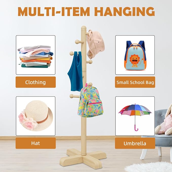 Coat Rack, Freestanding Coat Racks with 8 Hooks 2 Adjustable Height, Tree Coat Rack for Bedroom, Hallway, Entrance, Office, Hats, Handbags,Purse (Nature)