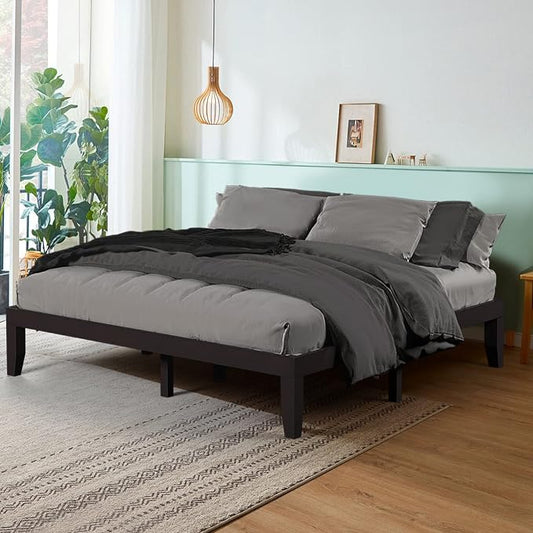 COSTWAY King Size Platform Bed Frame, 14 Inches Solid Rubber Wood Bed Mattress Foundation with Sturdy Slats Support, Easy Assembly Bed Frame for Home Hotel, No Box Spring Needed (Espresso, King)