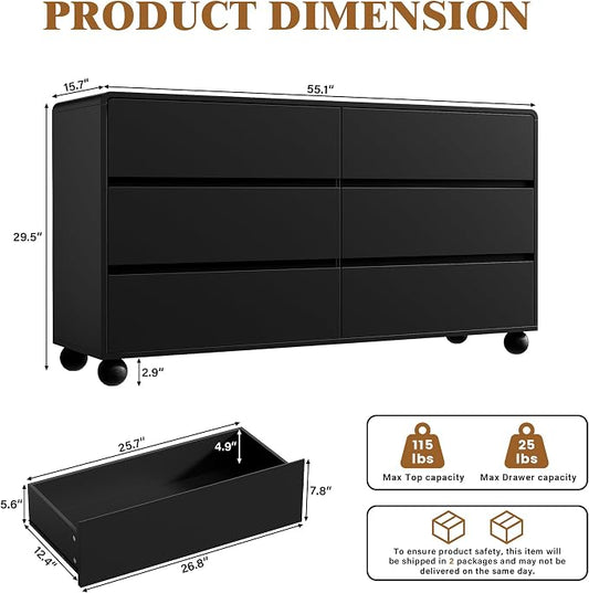 Furniway 3 Piece Bedroom Set, 6 Drawer Dresser and 2 Drawer Nightstand Set of 2 with Round Legs, Modern Wood Chest of Drawers Storage Cabinet for Bedroom, Black