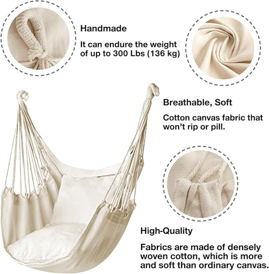 Hommtina Hammock Chair Hanging Rope Swing, Max 300 Lbs Hanging Chair with Pocket & Durability Perfect for Outdoor, Home, Bedroom, Patio, Yard (Pillows NOT Included,Beige)