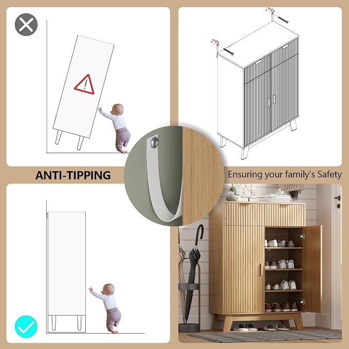 Shoe Cabinet Storage for Entryway with Doors, 4 Tier Fluted Shoe Organizer with 2 Drawers, Entryway Shoe Storage with Adjustable Shelves, Freestanding Hidden Shoe Rack for Front Door Entrance, Oak