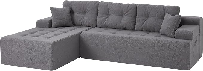 Hobestluk Modular Sectional Sofa Couches L-Shape Couch 3 Seat Modular Sofa Memory Foam Sectional Couches for Living Room, Cloud Couch with Oversized Chaise (Grey Tufted, 96", Left Hand Facing)