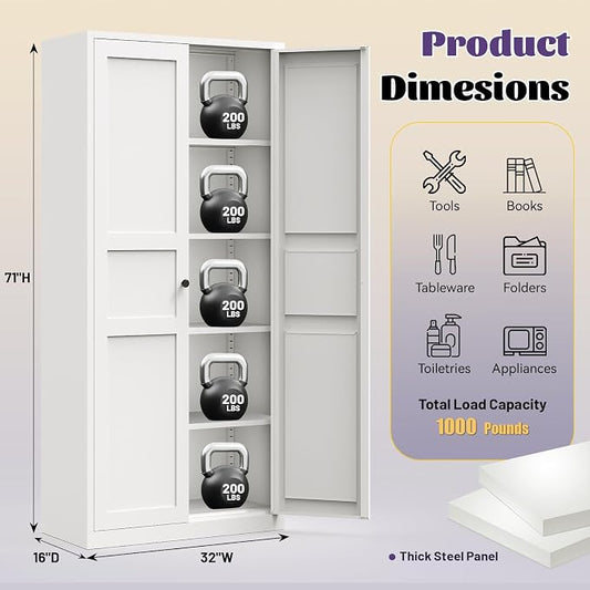 71"Kitchen Pantry Cabinet,White Metal Pantry Cabinet with 2 Doors & 4 Adjustable Shelves,Pantry Cabinets with Gold/Black Handles,Kitchen Cabinet for Dinging Room,Living Room,Assembly Required