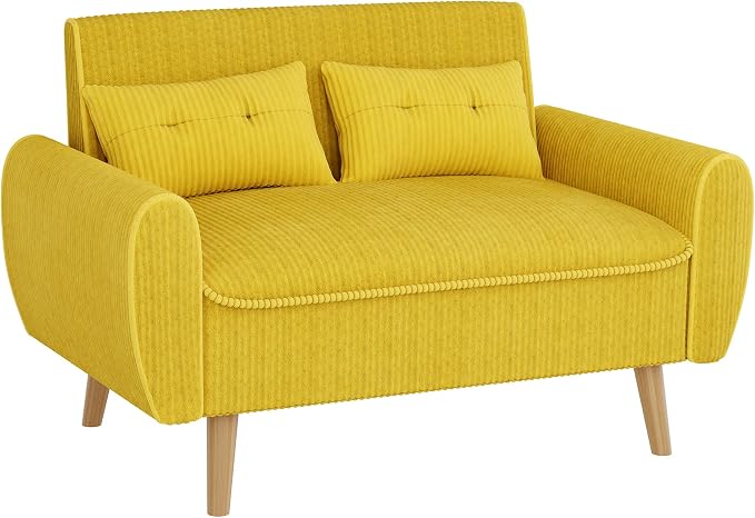Shintenchi 48'' Loveseat Sofa, Mid-Century Modern Upholstered Couch Deep Seat with 2 Pillows, 10" Thick Cushion with Spring, Solid Wood Frame Small Couch for Living Room, Dorms & Office, Yellow