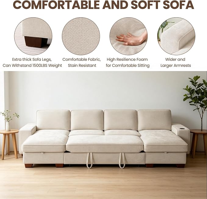 129" Convertible Sleeper Sofa Bed,L Shaped with Storage Chaise Pull Out Couch for Living Room,USB and Type-C,Removable Washable Chenille Covers (Beige)