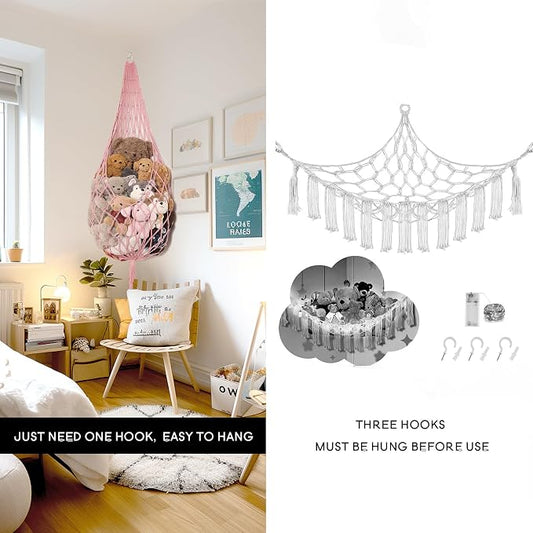 Amdermi Stuffed Animal Hammock Corner Hanging Net for Stuff Animal Storage Macrame Plush Toy Holder-Perfect for Tiny Space Walls-Kid Bedroom Decor Nursery Playroom Organizer (Light Pink XL)