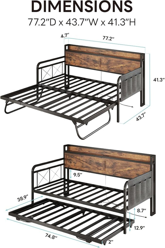 LIKIMIO Twin Daybed, Daybeds with Pop Up Trundle, Storage Headboard with Charging Station, Strong Supports for Apartment and Other Small Space, Industrial Brown