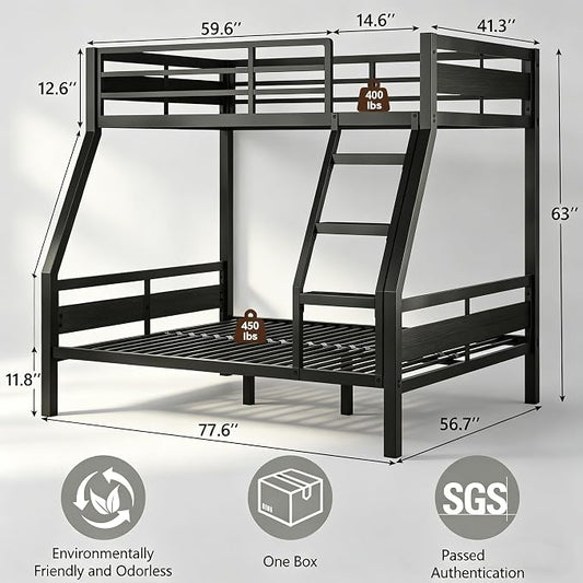 Bunk Bed Twin Over Full, Heavy Duty Metal Bunkbeds with Full-Length Guardrail, Space-Saving Steel Bed for Kids & Adults, No Box Spring Required, Black