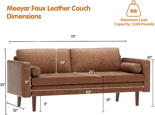 70" Mid-Century Modern Faux Leather Sofa, Comfortable Button Tufted Loveseat Couch with Bolster Pillows & Solid Wood Legs for Living Room, Apartment, Office, 1100lbs Capacity, Brown
