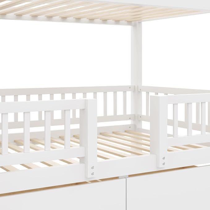 Twin Over Twin Bunk Bed with Storage Staircase, Slide and 2 Drawers,for Kids Teens Adults (White#Slide, Twin Over Twin)