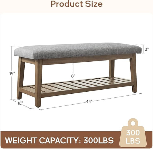 Zihanhome Entryway Bench, Chenille Upholstered Shoe Benches for Bedroom, Ottoman Benches with Solid Wood Shelf, Storage Bench for Hallway, Living Room(Grey)