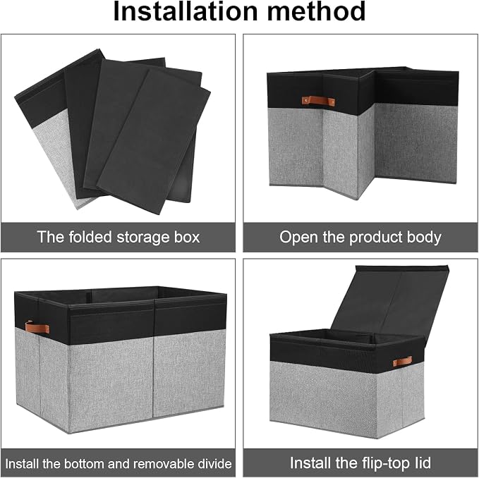 Gowee Large Toy Storage Box with Lid, Sturdy Toys Storage Chest Bin Organizer Basket with Dividers for Kids, Boys, Girls, Nursery, Closet, Bedroom, Playroom 26"x17" x17" (Black and Grey)
