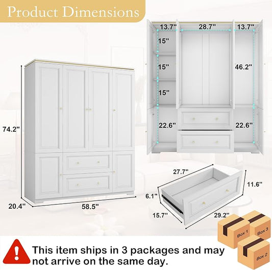 White Wardrobe with 2 Drawers: 74" Large Wardrobe Closet for Hanging Clothes, Tall Armoire Closet with 4 Doors, Bedroom Armoires with Hanging Rod (59")