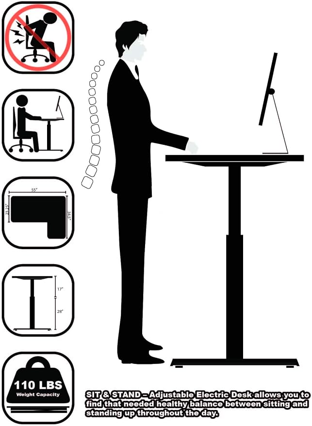 SHW 55-Inch Large Electric Height Adjustable L-Shaped Standing Desk with Right Facing Corner, White