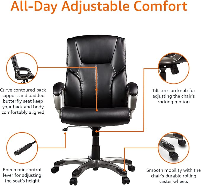 Amazon Basics Executive High Back Office Chair, Adjustable Height, Tilt, Swivel, Padded Seat, Bonded Leather, Wheels, Black/Silver