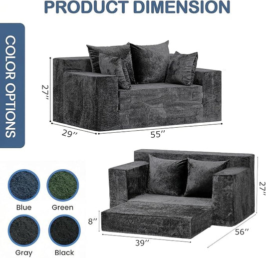 Boneless Loveseat Sleeper Sofa Bed, 3-in-1 Convertible Sofa Bed and Floor Futon Couch (Velvet-Grey, Loveseat (55"))