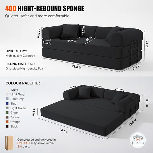 79" Convertible Sleeper Sofa Bed, Corduroy Boneless Fold-Out Couch in a Box, 4-in-1 Loveseat/Futon Couch, High-Density Foam, No Assembly, Side Pockets, 2 Pillows for Small Spaces, Black