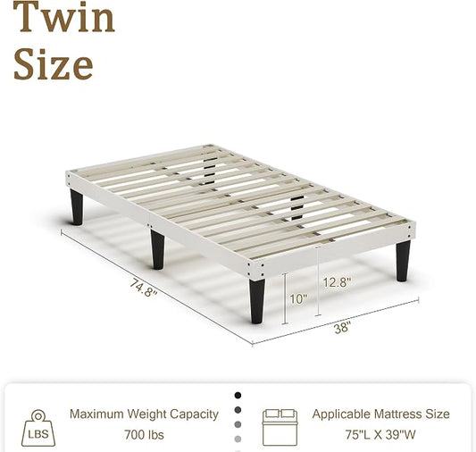 Yumori 12.9 Inch Minimalist Style Twin Size Bed Frame, Wood Platform Bed with Wood Slat Support, No Box Spring Needed, Easy Assembly, White