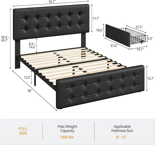 IDEALHOUSE Full Size Bed Frame with 4 Storage Drawers and Headboard, Faux Leather Upholstered Platform Bed Frame with Wooden Slats Support, Button Tufted Design, No Box Spring Needed, Black
