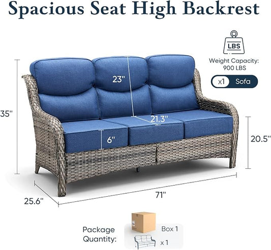 Belord Luxury 6" Thick Cushioned PE Wicker 3-Seater Outdoor Couch, All-Weather Comfortable Modern Patio Sofa, High Back Deep Seat Woven Outdoor Furniture for Porch Balcony, Lawn, Deck - Greyblue