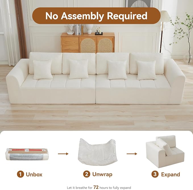 140''Modular Sectional Couches for Living Room, Cloud Boneless Compressed Sectional Sofa, Oversized 4 Seater Upholstered Memory Foam Sofa, No Assembly, Chenille Beige
