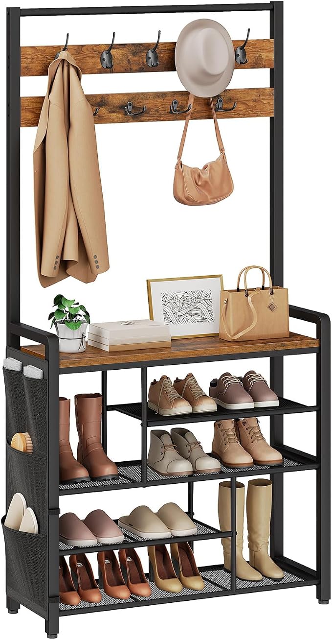 HOOBRO Hall Tree with Bench, Shoe Rack with Coat Rack, Coat Rack with Shoe Storage, 5 Tier Shoe Storage Organizer with Oxford Fabric Side Pockets, Coat and Shoe Rack Entryway, Rustic Brown BF45MT01