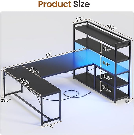 SEDETA L Shaped Gaming Desk, 63'' Reversible Computer Desk with Power Outlet and Storage Shelves, Corner Gaming Desk with LED Lights, Bookshelf for Home Office, Black