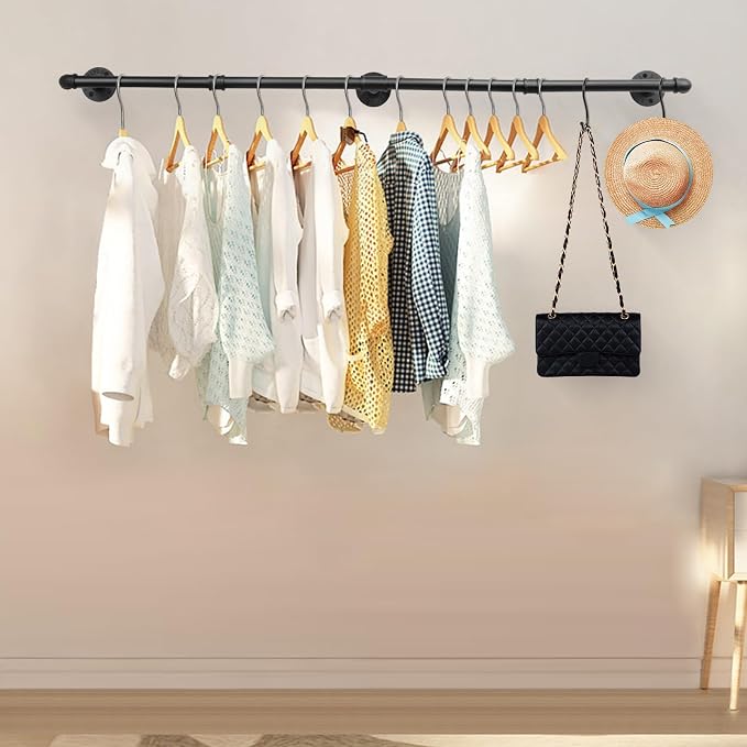 Livabber Industrial Pipe Clothes Rack, Heavy Duty Detachable Iron Garment Rack Wall Mounted, Rustic Saving Space Clothes Bar Multi-Purpose Hanging Rod for Bedroom, Closet, Black (50 Inch)