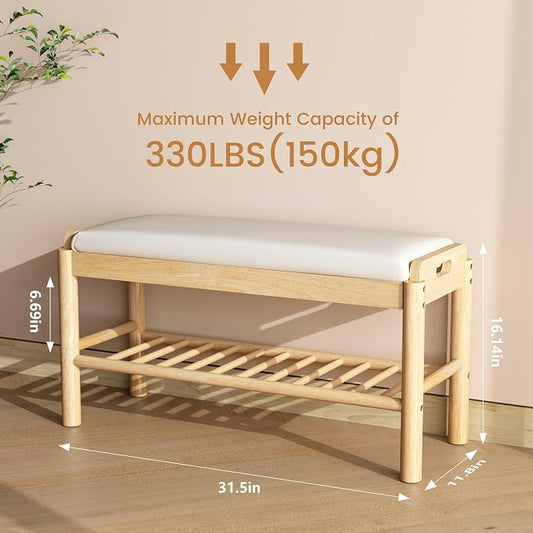 Entryway Shoe Storage Bench, 2-Tier Wood Shoe Rack with Cushion, Padded Seat Entryway Organizer with Shelf & Hidden Storage for Entry, Hallway, Living Room, Bedroom, Closet (Natural, 31.5")