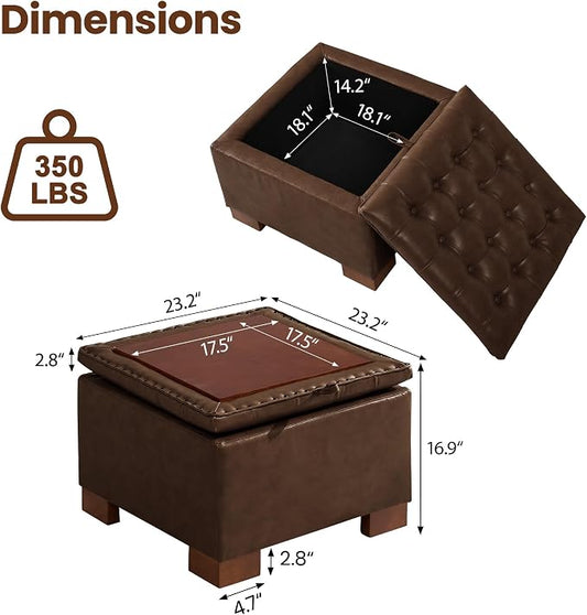 24 Inch Square Storage Ottoman Coffee Table, Modern Tufted Upholstered Ottoman with Flip Tray and Solid Wood Legs, Suitable for Living Rooms, Faux Leather Coffee