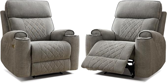 HAOMARKETS Electric Recliner Chair Set of 2, Soft Fabric Power Recliners with Metal Cup Holders, Single Overstuffed Heavy Duty Reclining Sofa Chairs for Living Room Bedroom, Light Grey