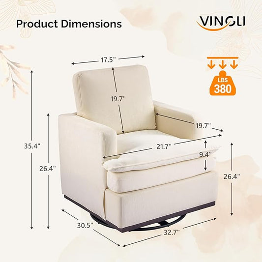 VINGLI Mid-Century Modern Single Swivel Armchair, 360° Swivel Accent Chair, Double-Layer Seat Cushions, Upholstered Square Club Chair for Living Room, Bedroom, Reading Room,Chenille Beige