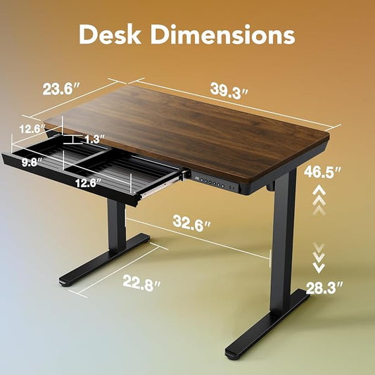 HUANUO Electric Standing Desk with Drawers, 40 X 24 Inch Electric Adjustable Height Desk, Quick Install One-Piece Tabletop with USB Charging Ports, Sit to Stand Up Desk for Home Office, Black Walnut
