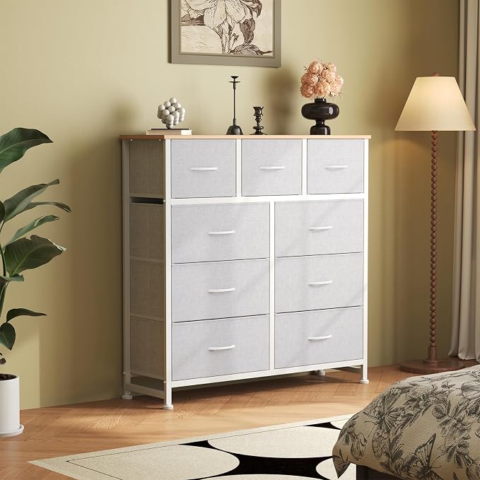 OLIXIS 9 Drawer Storage Dresser with Wood Top - Wide Fabric Chest Organizer for Bedroom, Closet, Living Room,Tower Cabinet, TV Stand, Hallway Entryway Furniture,Light Grey