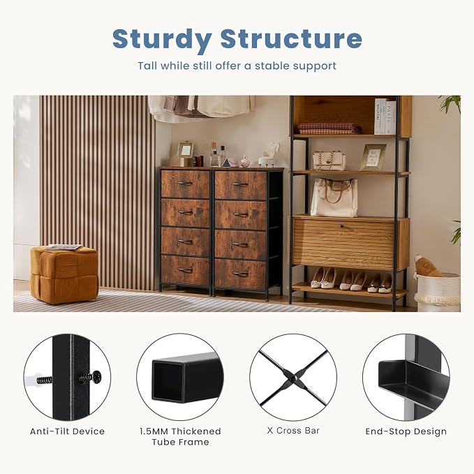 DUMOS Nightstand with 4 Drawers, Fabric Dresser Bedside Table with Removable Bins, Sturdy Steel Frame Wood Top Organizer Furniture for Bedroom Dorm Closet Living Room